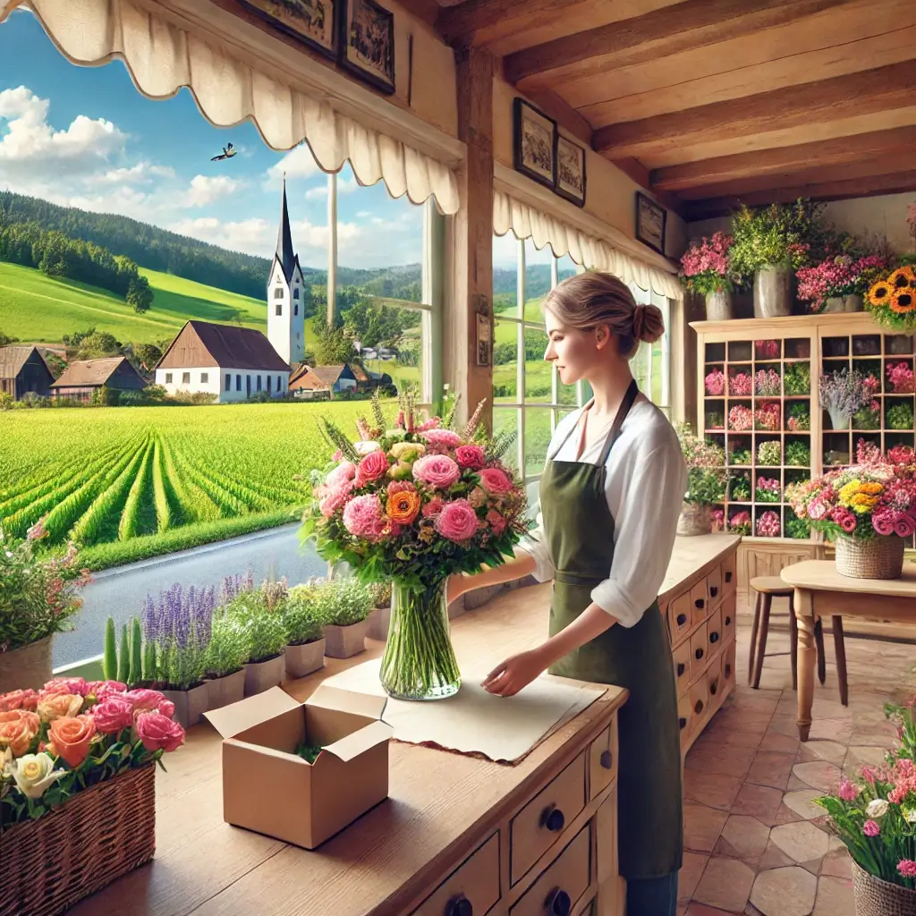 Florist in Kleinwangen arrangiert einen bunten Blumenstrauss in einem charmanten Laden mit Blick auf die ländliche Umgebung.