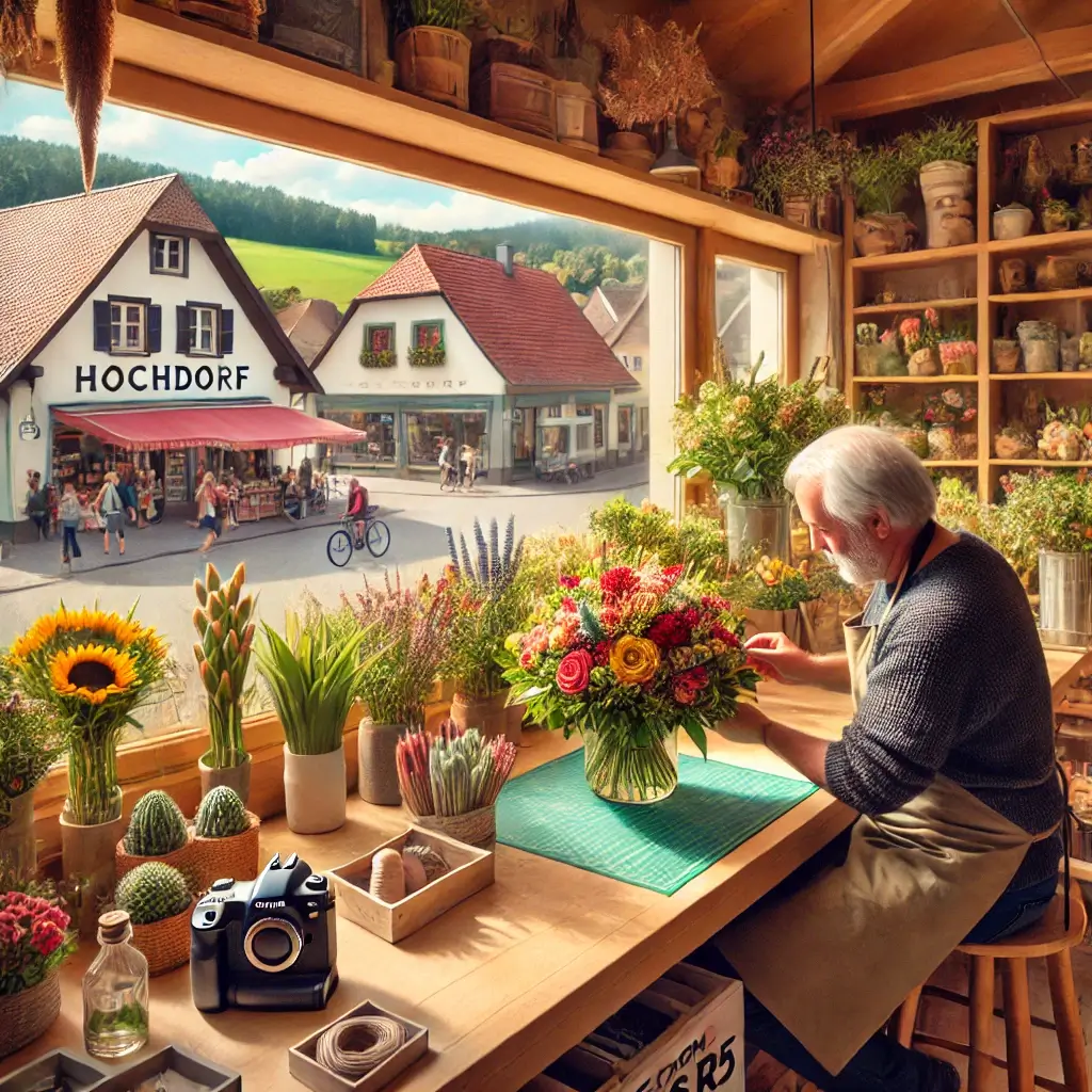 Florist in Hochdorf arrangiert einen bunten Blumenstrauss in einem charmanten Laden mit Blick auf die ländliche Umgebung und das regionale Zentrum.