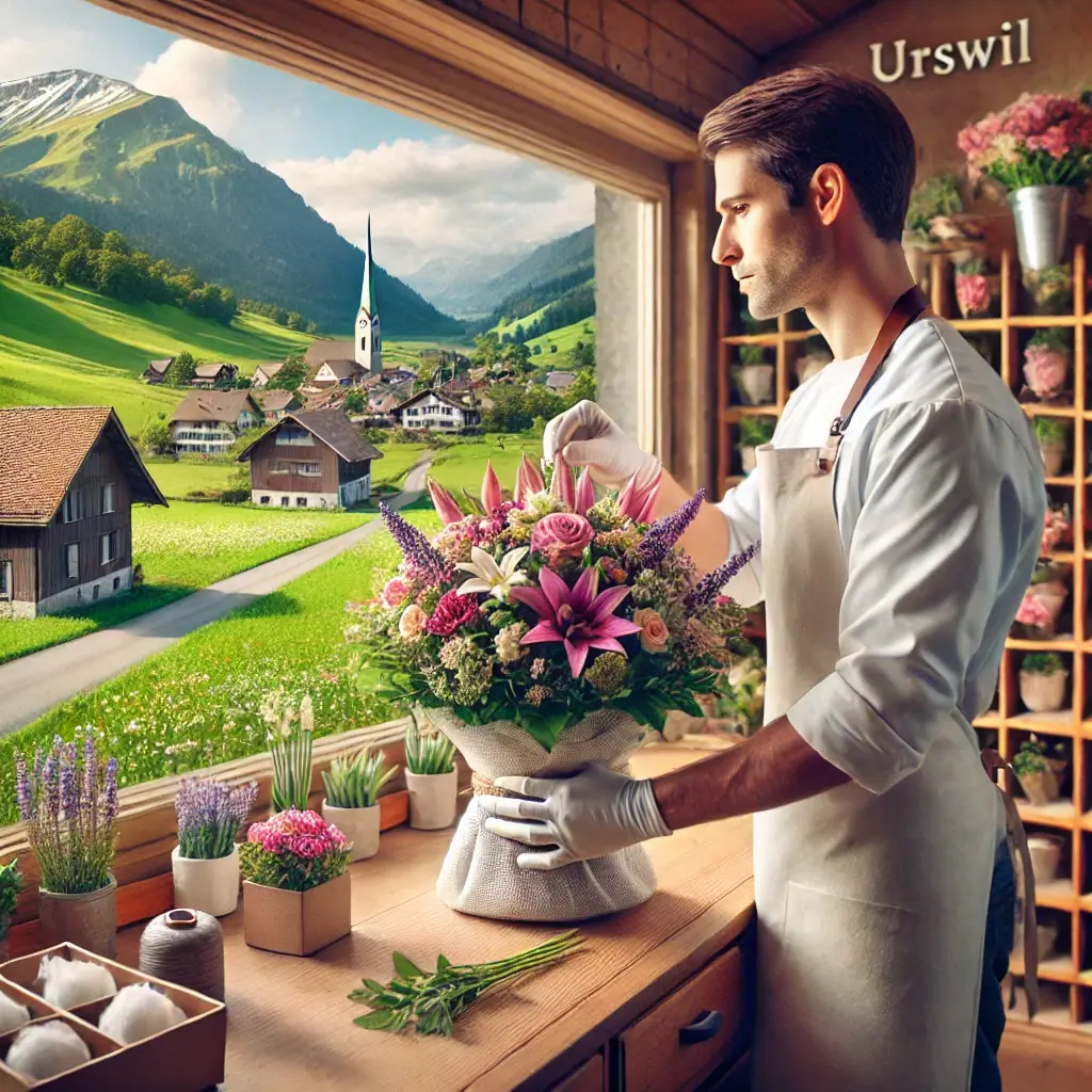 Florist in Urswil arrangiert einen bunten Blumenstrauss in einem charmanten Laden mit Blick auf die ländliche Umgebung.