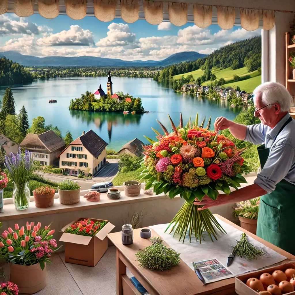 Florist in Gelfingen arrangiert einen bunten Blumenstrauss in einem charmanten Laden mit Blick auf den Baldeggersee und die ländliche Umgebung.