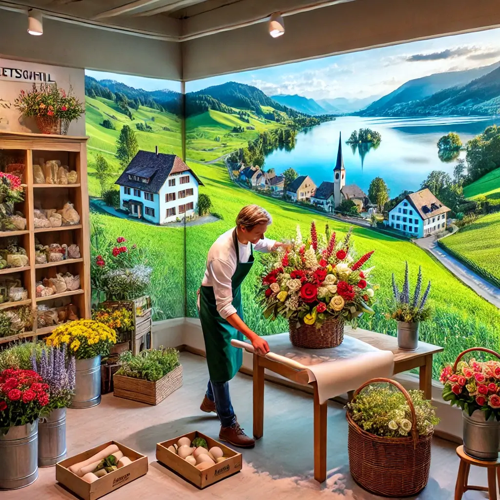 Florist in Retschwil arrangiert einen bunten Blumenstrauss in einem charmanten Laden mit Blick auf den Baldeggersee und die grüne Hügellandschaft.