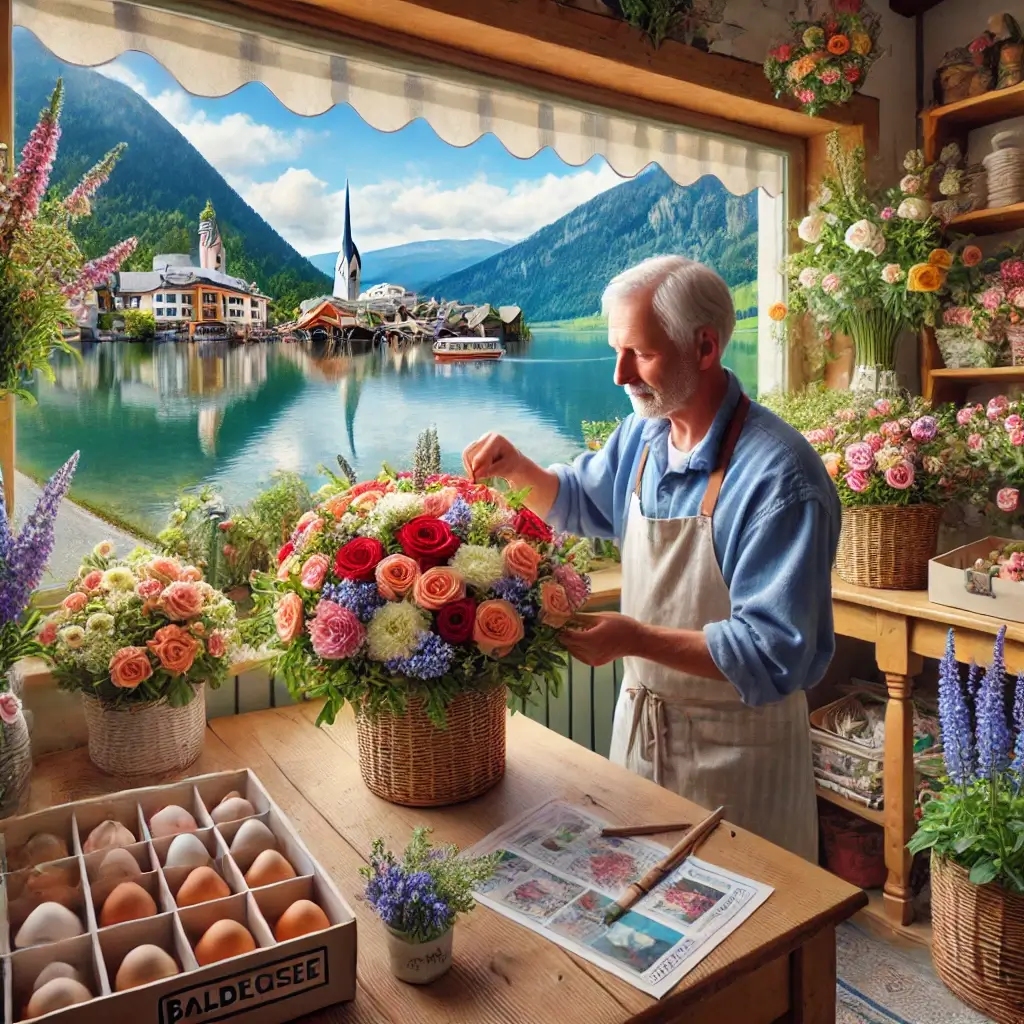 Florist in Altwis arrangiert einen bunten Blumenstrauss in einem charmanten Laden mit Blick auf den Baldeggersee und die ländliche Umgebung.