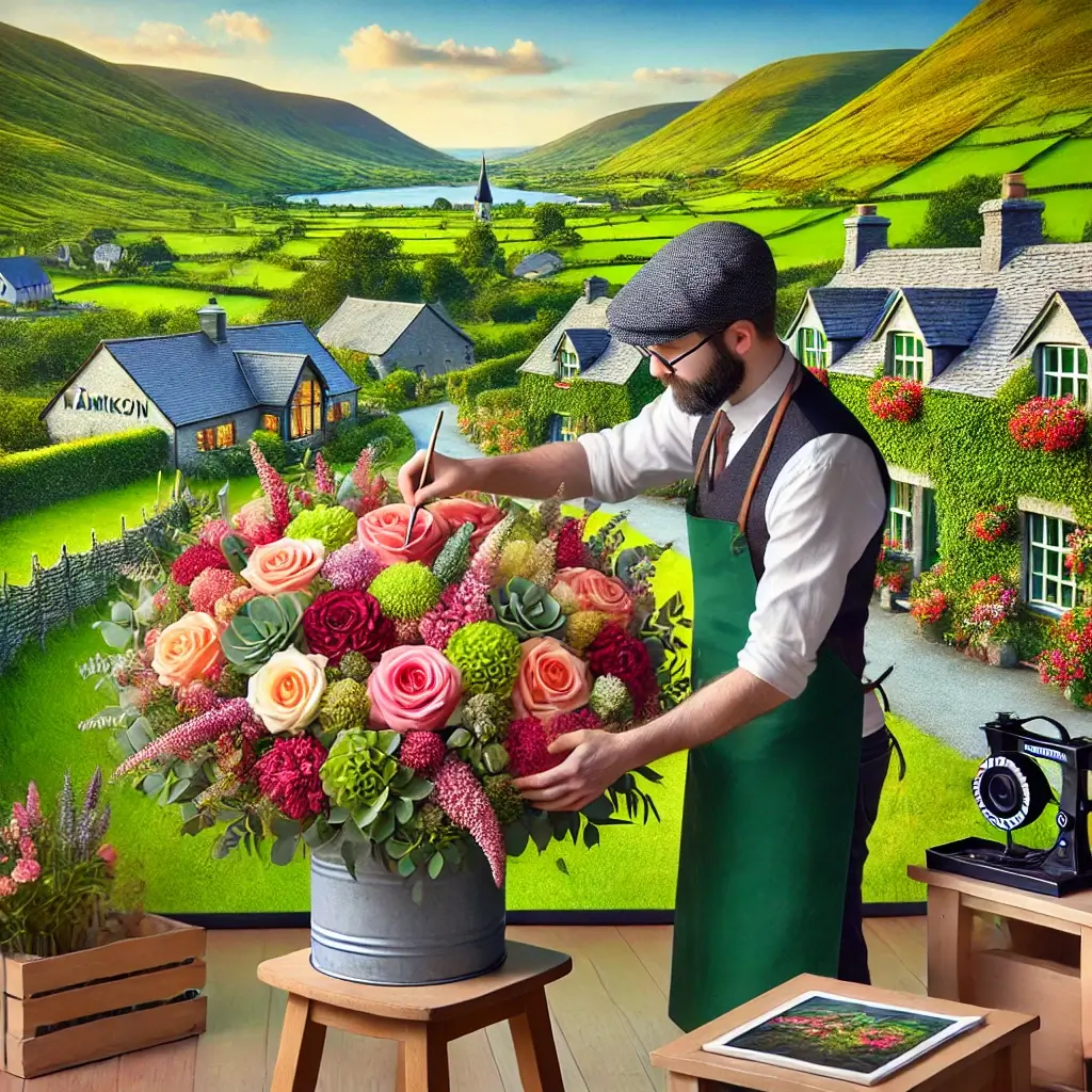 Florist in Hämikon arrangiert einen bunten Blumenstrauss in einem charmanten Laden mit Blick auf die ländliche Umgebung und Hügel von Hämikon.