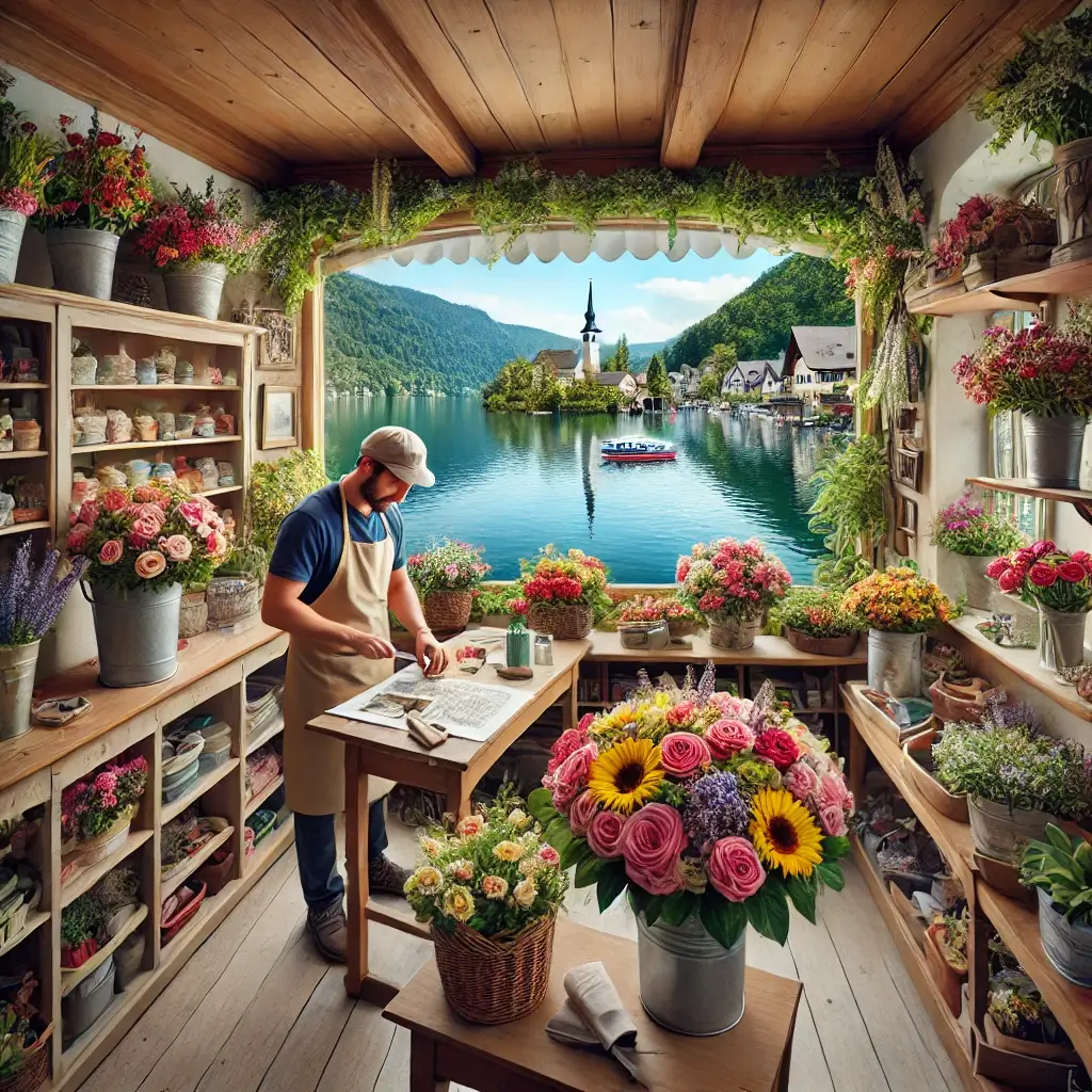 Florist in Ermensee arrangiert einen bunten Blumenstrauss in einem charmanten Laden mit Blick auf den Hallwilersee und die ländliche Umgebung.