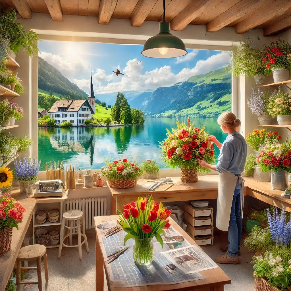 Florist in Mosen arrangiert einen bunten Blumenstrauss in einem charmanten Laden mit Blick auf den Hallwilersee und die ländliche Umgebung.