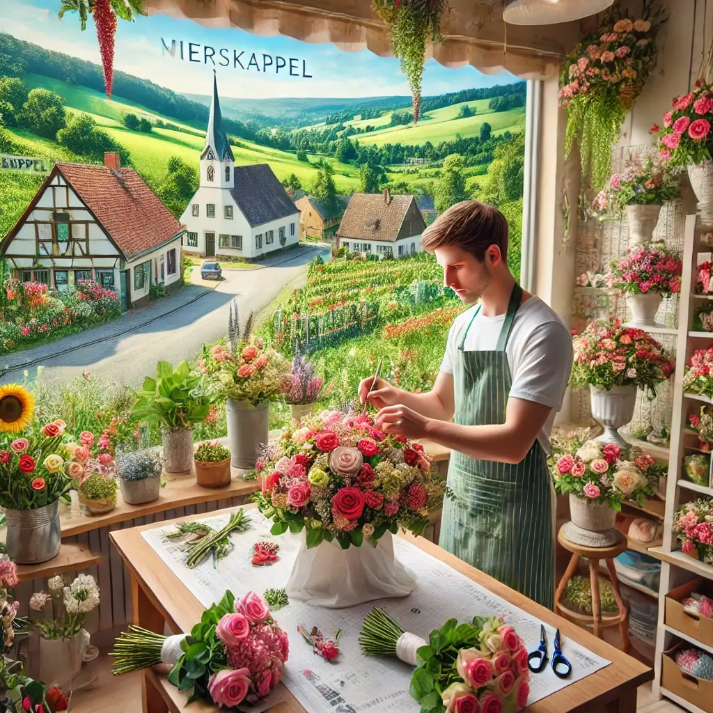 Florist in Meierskappel arrangiert einen bunten Blumenstrauss in einem charmanten Laden mit Blick auf die ländliche Umgebung und Hügel.

