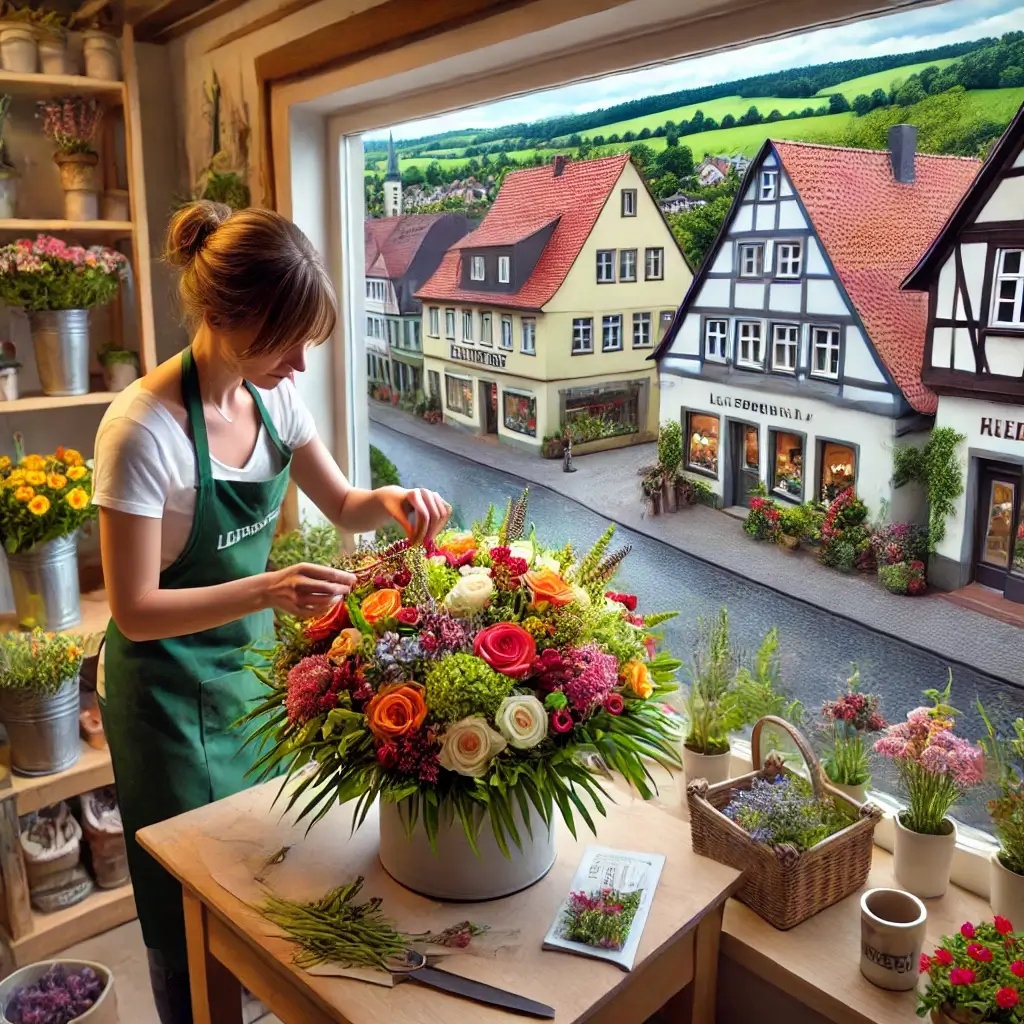 Florist in Ettingen arrangiert einen bunten Blumenstrauss in einem charmanten Laden mit Blick auf die ländliche Umgebung und typische Häuser von Ettingen.

