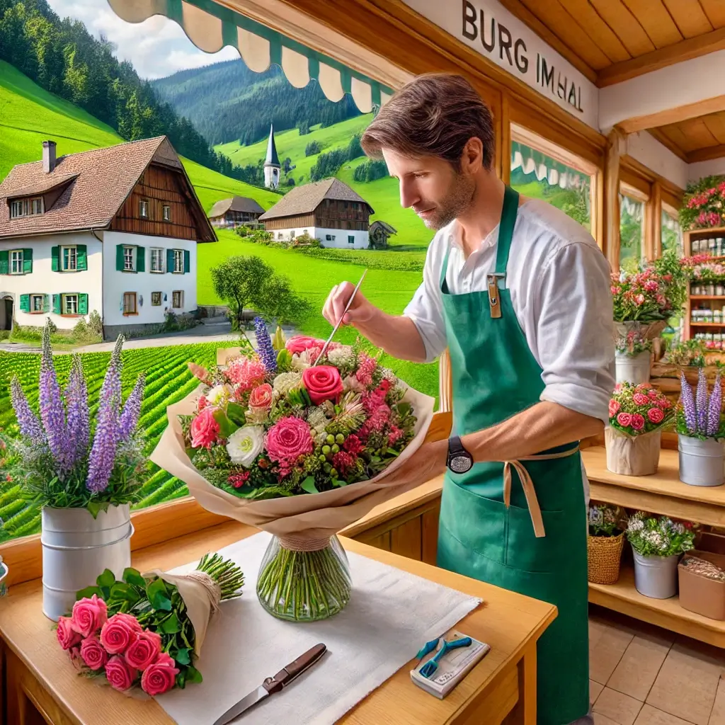 Florist in Burg im Leimental arrangiert einen bunten Blumenstrauss in einem charmanten Laden mit Blick auf die ländliche Umgebung und typische Häuser.
