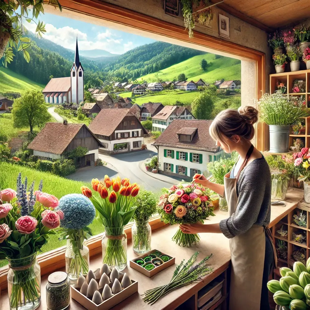 Florist in Pfeffingen arrangiert einen bunten Blumenstrauss in einem charmanten Laden mit Blick auf grüne Hügel und typische Häuser