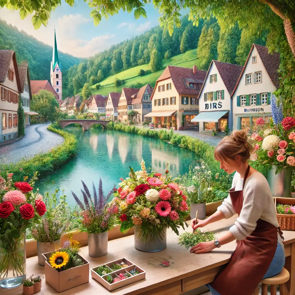 Florist in Duggingen arrangiert einen bunten Blumenstrauss in einem charmanten Laden mit Blick auf die Birs und die ländliche Umgebung.
