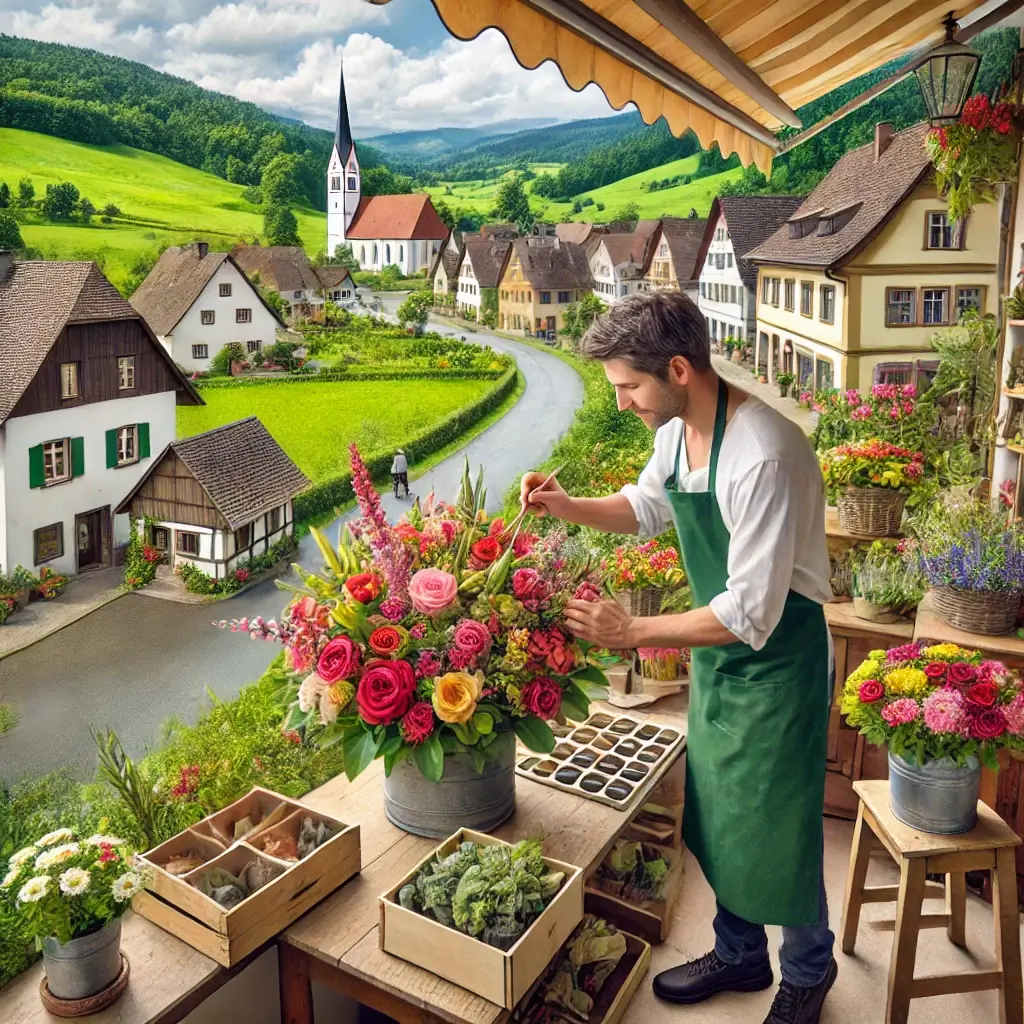 Florist in Brislach arrangiert einen bunten Blumenstrauss in einem charmanten Laden mit Blick auf grüne Wiesen und typische Häuser der Region.