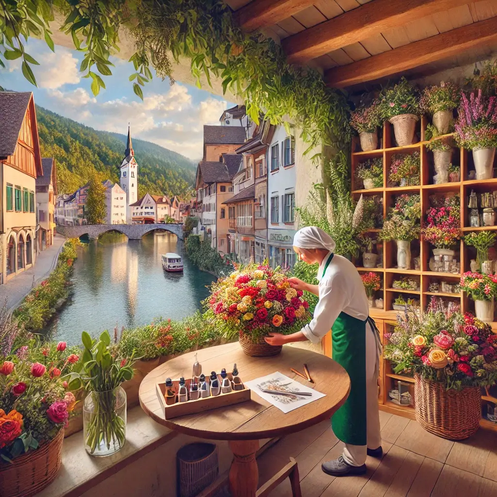 Florist in Laufen arrangiert einen bunten Blumenstrauss in einem charmanten Laden mit Blick auf die Altstadt und die Birs.