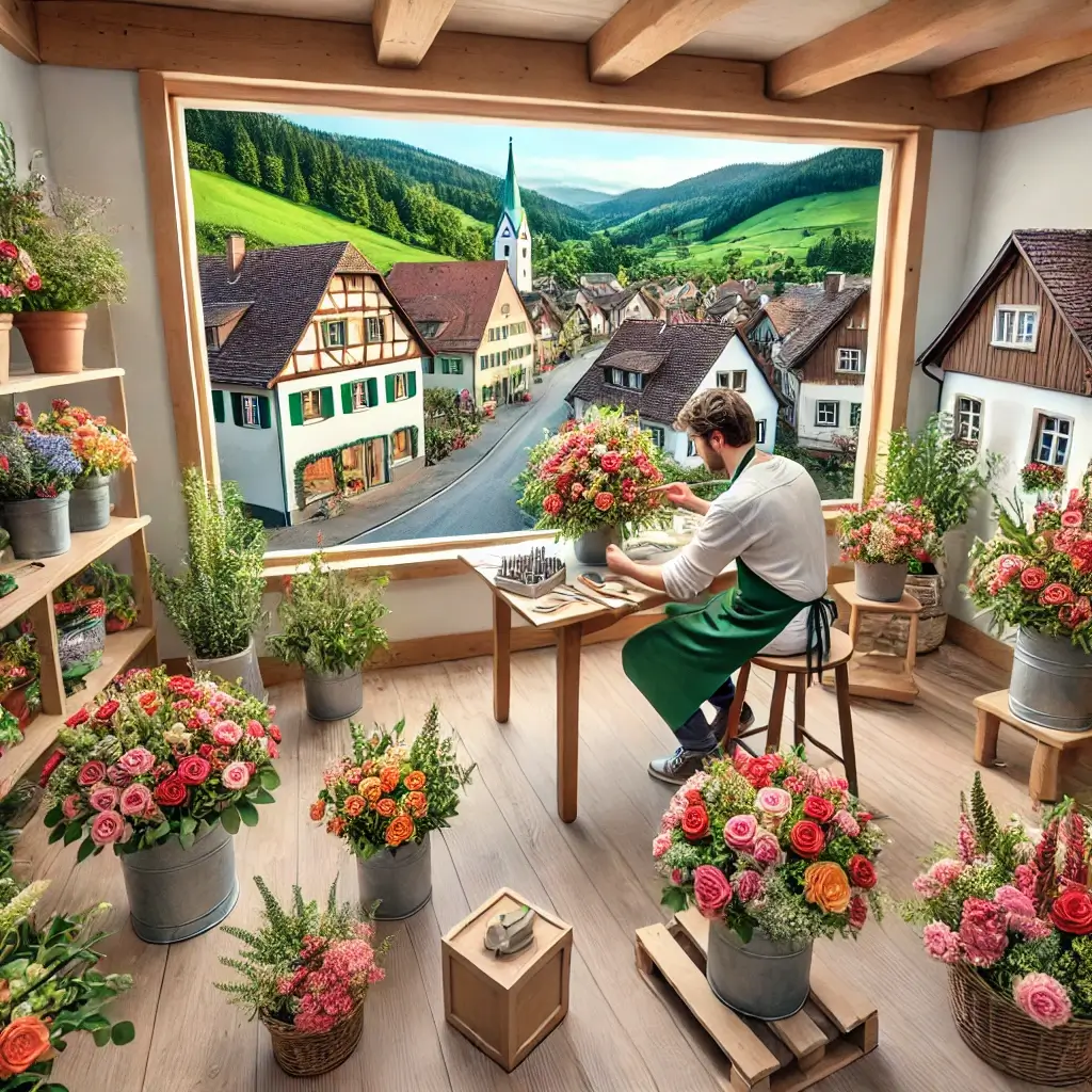 Florist in Liesberg arrangiert einen bunten Blumenstrauss in einem charmanten Laden mit Blick auf grüne Hügel und typische Häuser von Liesberg.