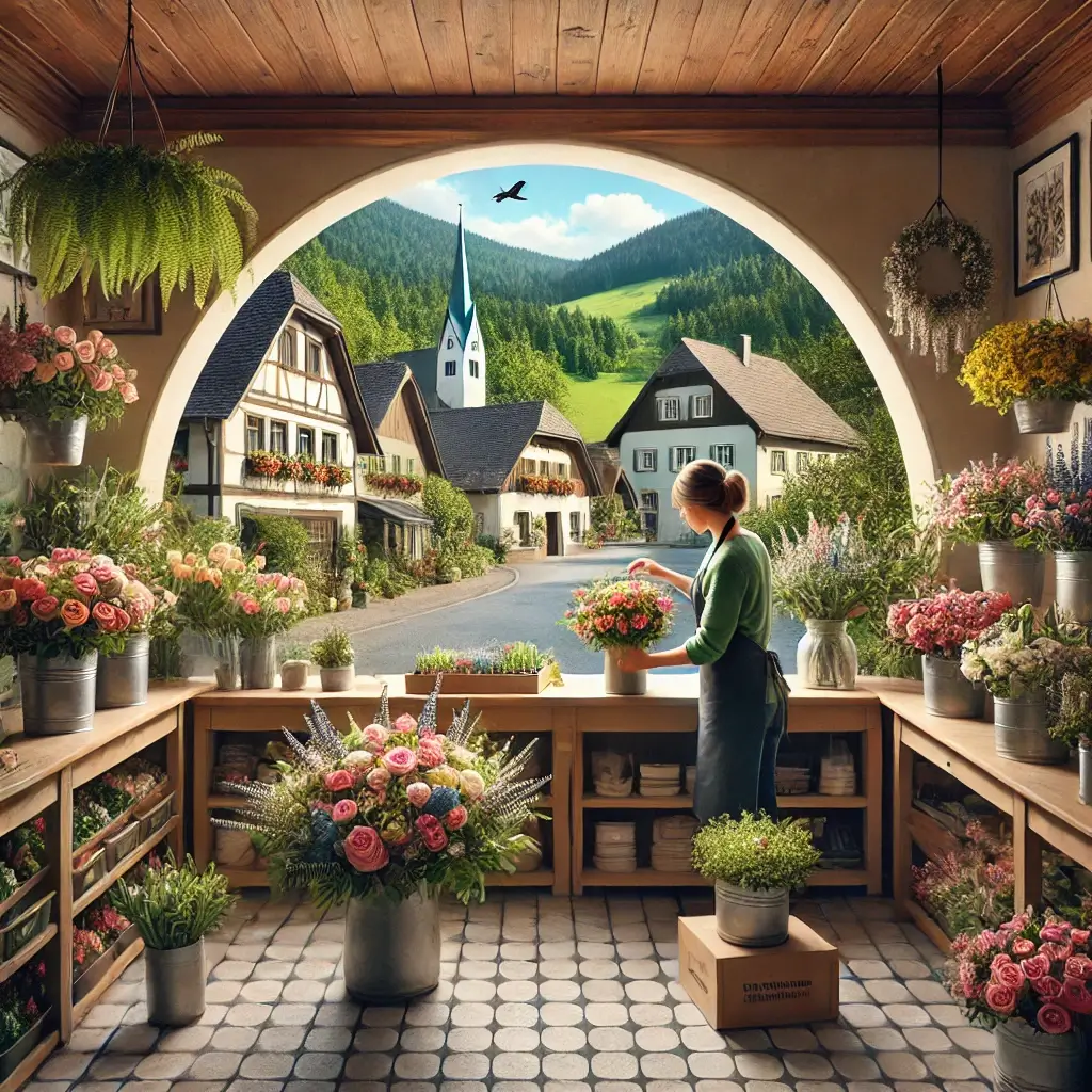 Florist in Liesberg Dorf arrangiert einen bunten Blumenstrauss in einem charmanten Laden mit Blick auf grüne Hügel und typische Häuser des Dorfes.