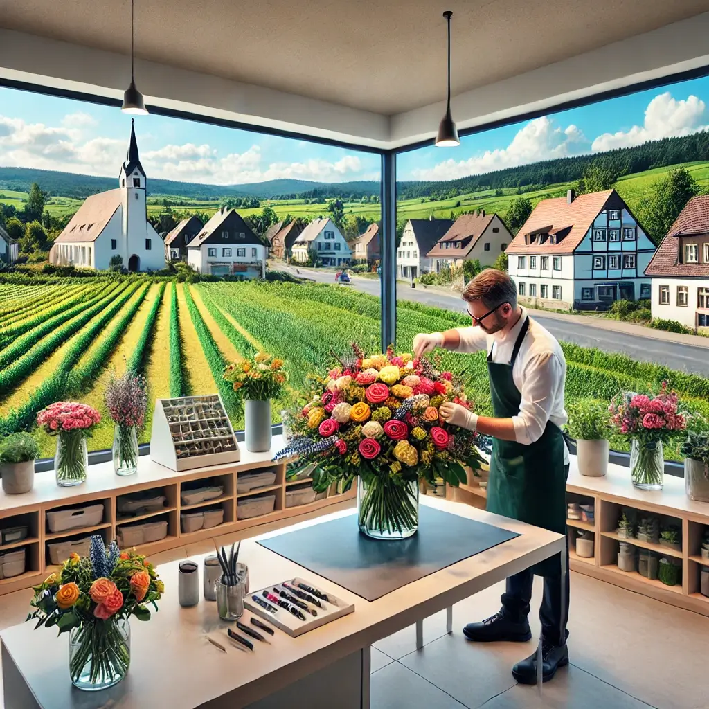 Florist in Frenkendorf arrangiert einen bunten Blumenstrauss in einem charmanten Laden mit Blick auf grüne Felder und typische Häuser der Region.