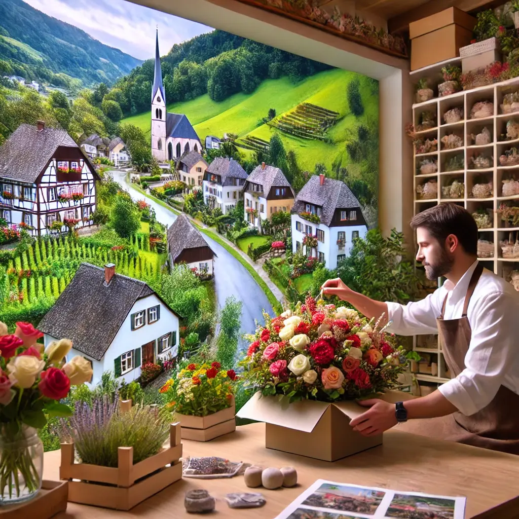 Florist in Seltisberg arrangiert einen bunten Blumenstrauss in einem charmanten Laden mit Blick auf die Hügellandschaft und typische Häuser der Region.