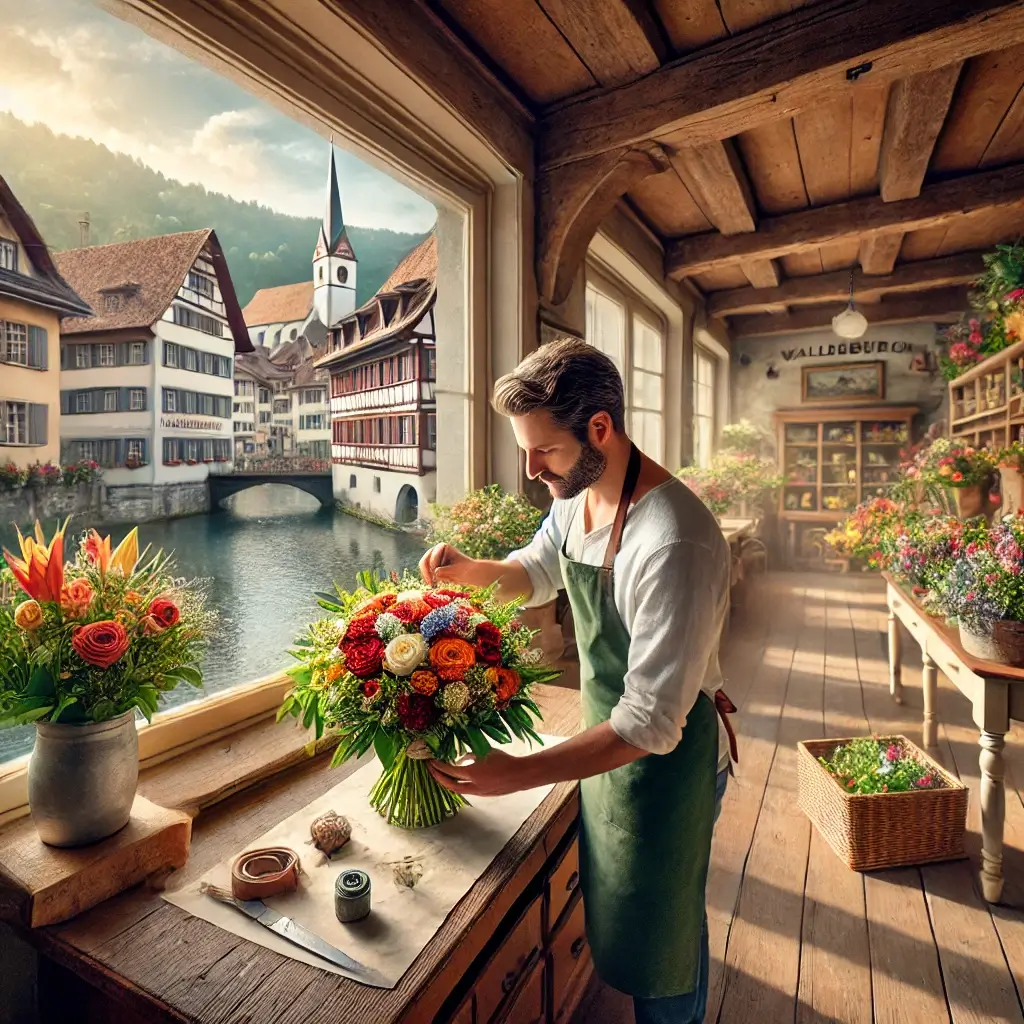 Florist in Waldenburg arrangiert einen bunten Blumenstrauss in einem charmanten Laden mit Blick auf die Altstadt und die umliegenden Hügel.