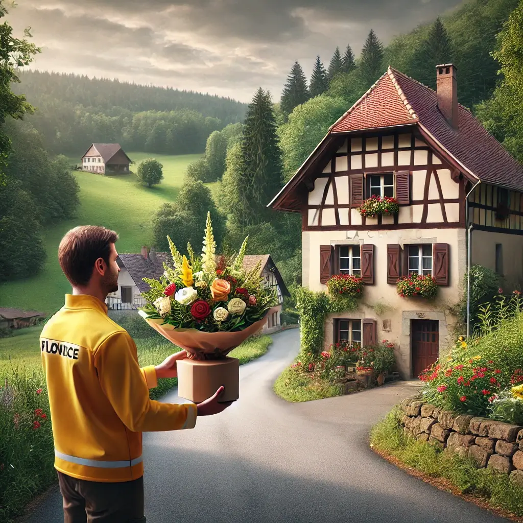 Blumenlieferung in La Cibourg – Bote übergibt Blumenstrauß vor traditionellem Haus mit Wiesen und Wäldern.