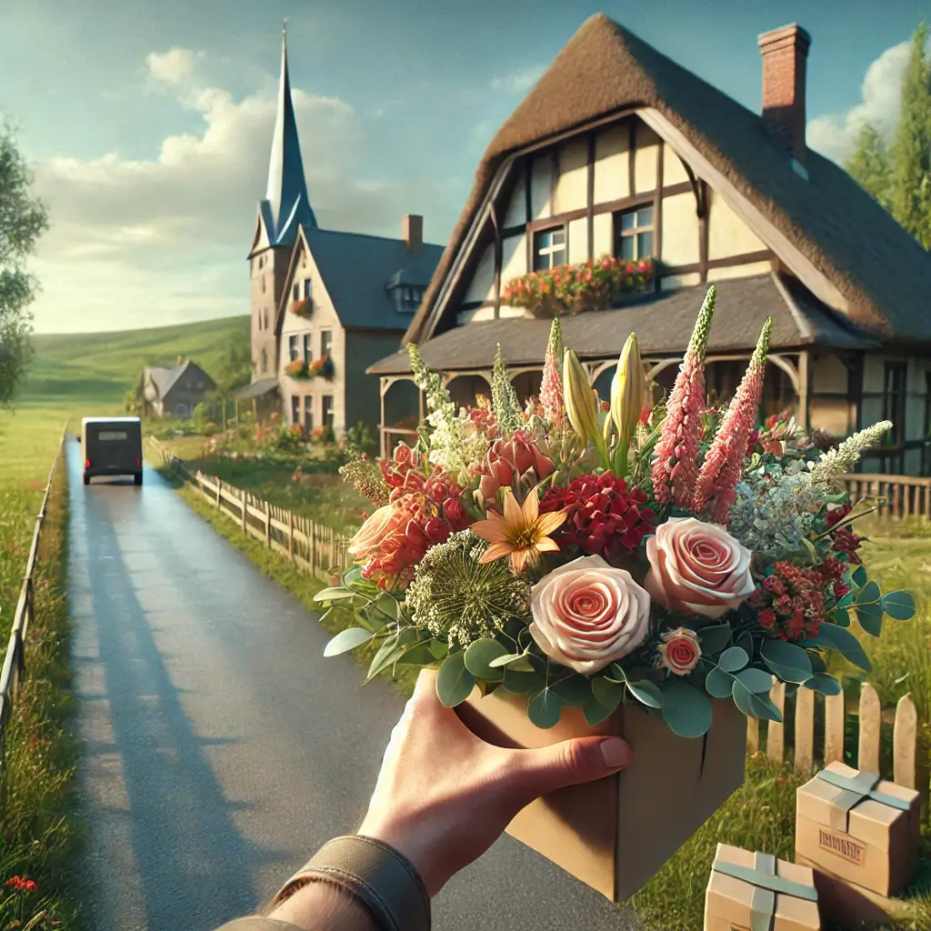 Blumenlieferung in Saules BE – Florist mit Blumenstrauss vor einem Bauernhaus