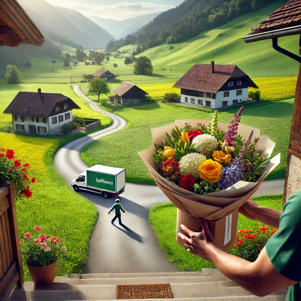 Blumenlieferung in Rüfenacht BE – frischer Strauss wird an eine Haustür geliefert.