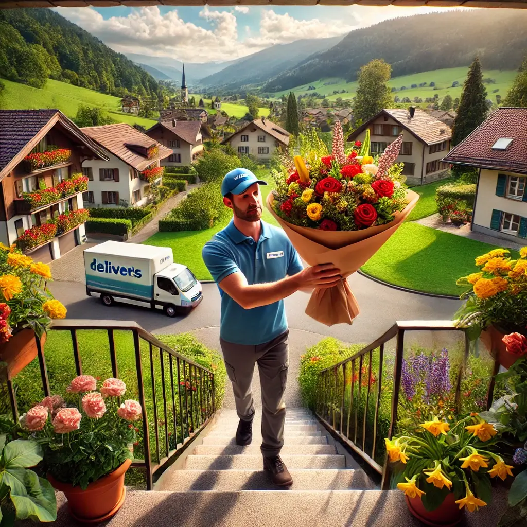 Blumenlieferung in Spiegel bei Bern – frischer Strauss wird an eine Haustür geliefert.
