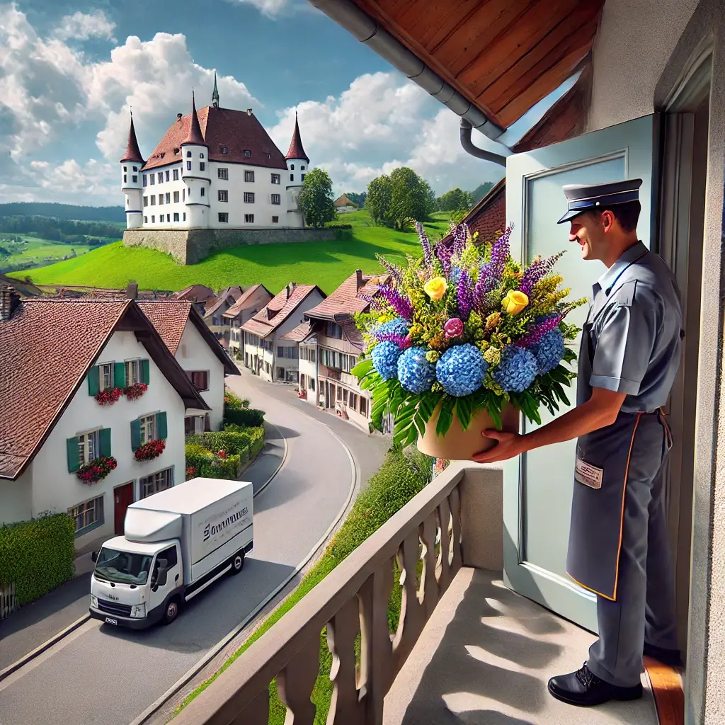 Blumenlieferung in Jegenstorf – frischer Strauss wird an eine Haustür geliefert.