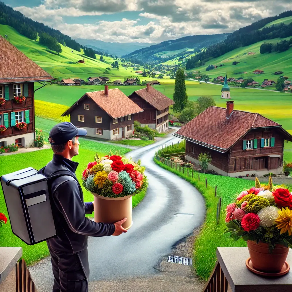 Blumenlieferung in Schwanden im Emmental – frischer Strauss wird an eine Haustür geliefert.
