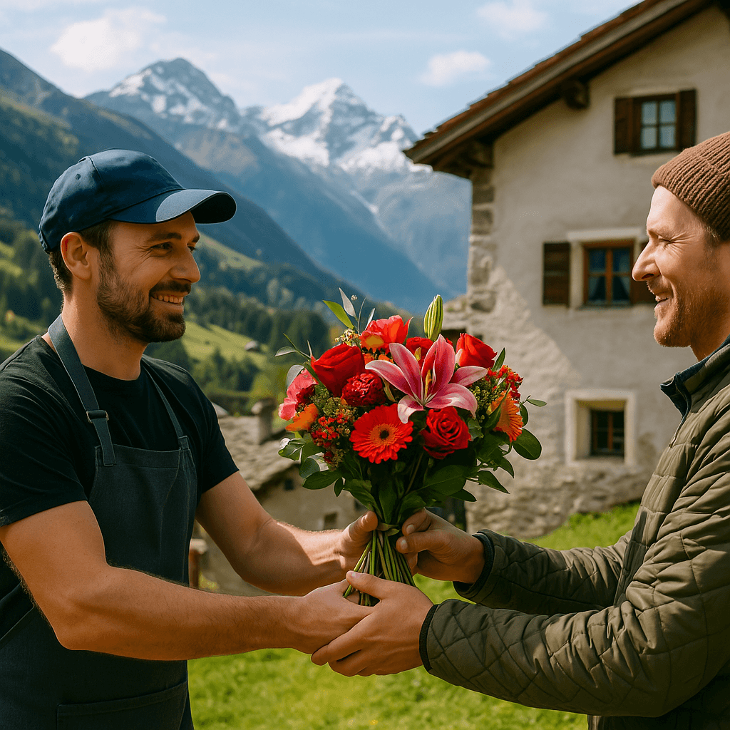 Blumenlieferung in Platta – Florist übergibt frische Blumen vor traditionellem Bündner Haus mit Blick auf die Alpen.