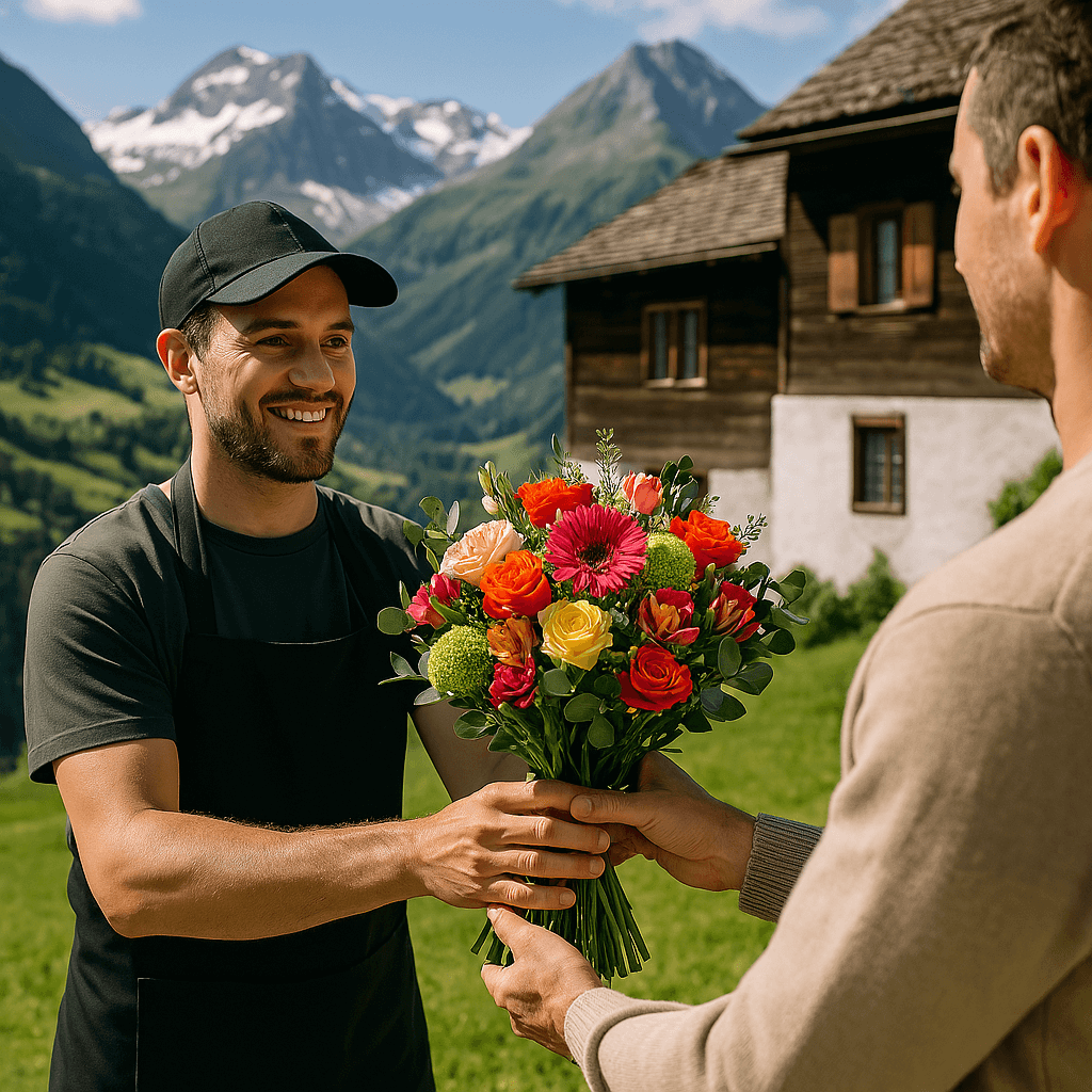 Blumenlieferung in Segnas – Florist übergibt frische Blumen vor traditionellem Bündner Haus mit Blick auf die Alpen.