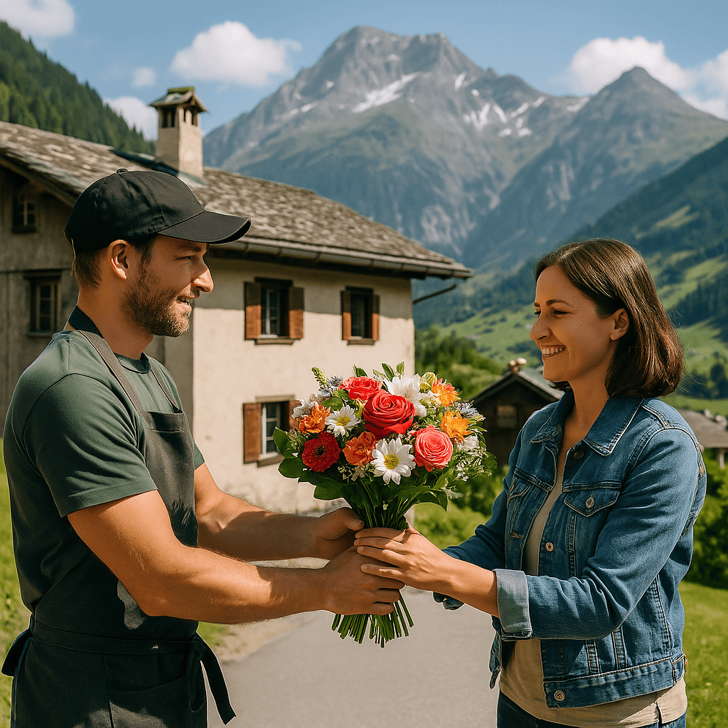 Blumenlieferung in Camischolas – Florist übergibt frische Blumen vor traditionellem Bündner Haus mit Blick auf die Alpen.