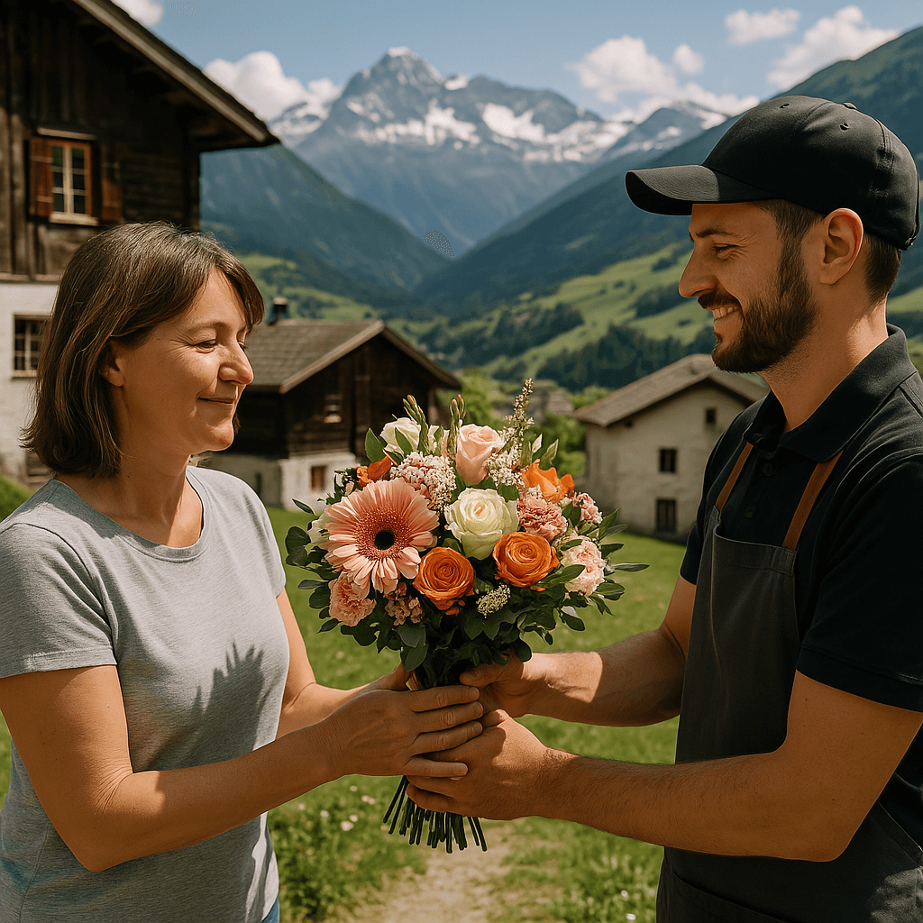 Blumenlieferung in Sedrun – Florist übergibt frische Blumen vor traditionellem Bündner Haus mit Blick auf die Alpen.