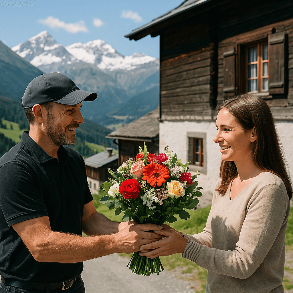 Blumenlieferung in Rueras – Florist übergibt frische Blumen vor traditionellem Bündner Haus mit Blick auf die Alpen.