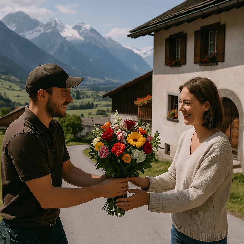 Blumenlieferung in Igis – Florist übergibt frische Blumen vor traditionellem Bündner Haus mit Blick auf die Alpen.