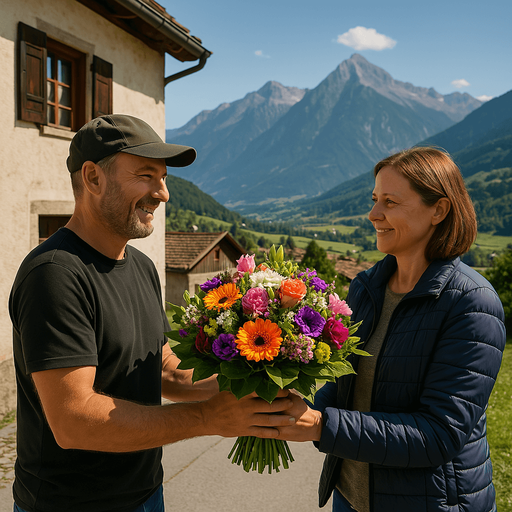 Blumenlieferung in Malans GR – Florist übergibt frische Blumen vor traditionellem Bündner Haus mit Blick auf die Alpen.