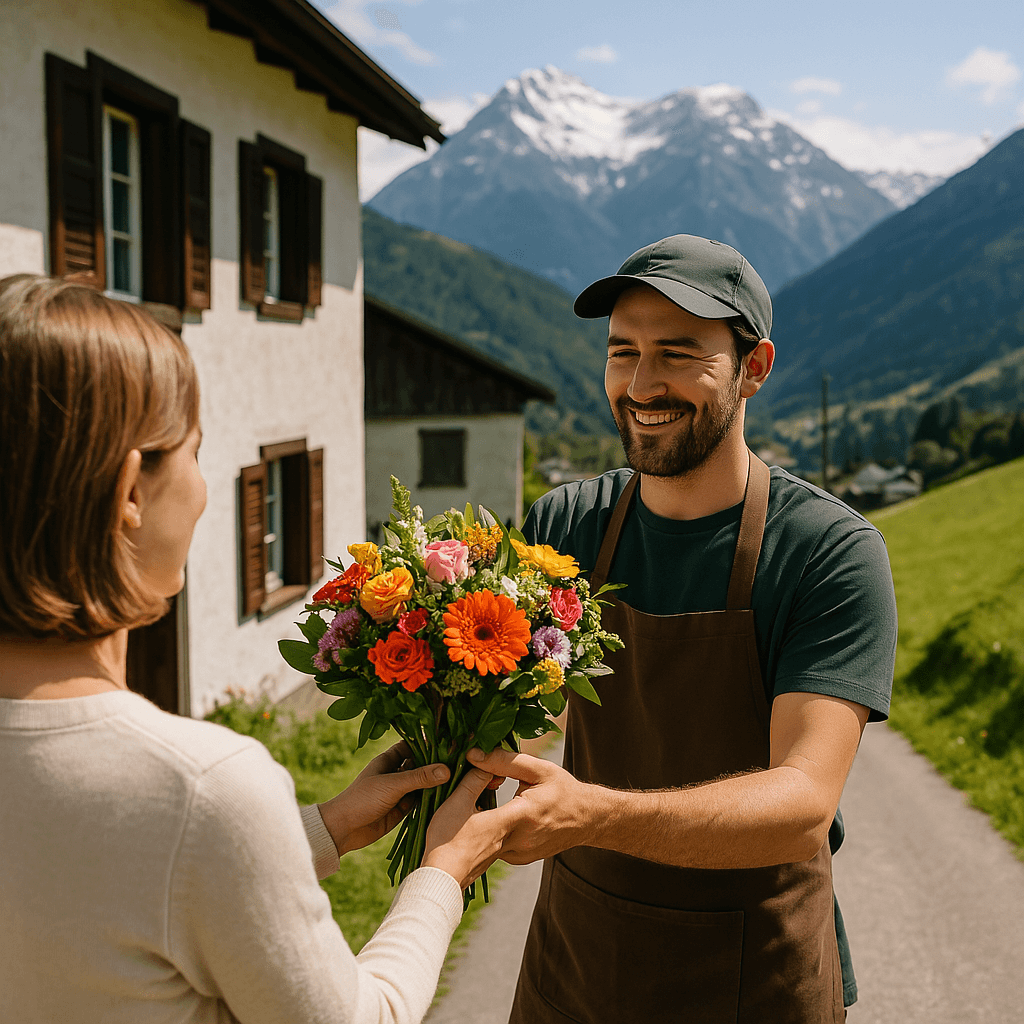 Blumenlieferung in Seewis Dorf – Florist übergibt frische Blumen vor traditionellem Bündner Haus mit Blick auf die Alpen.