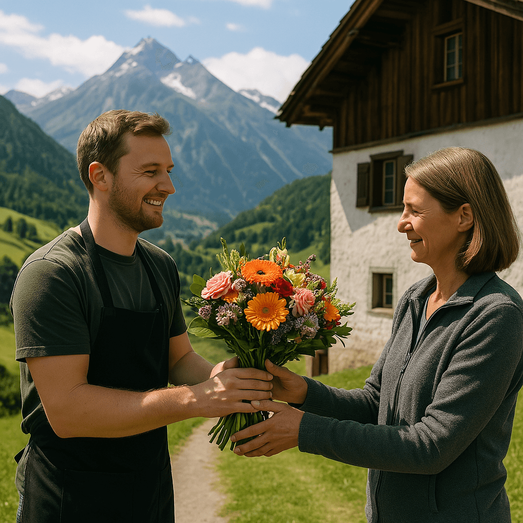 Blumenlieferung in Valzeina – Florist übergibt frische Blumen vor traditionellem Bündner Haus mit Blick auf die Alpen.