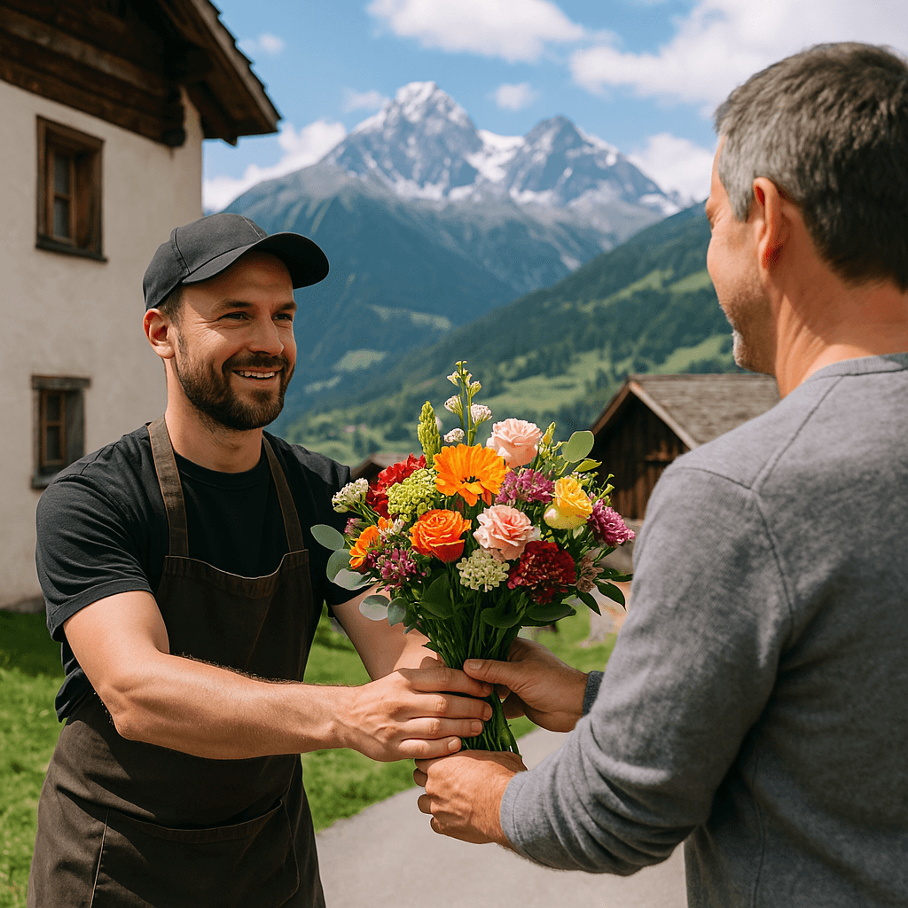 Blumenlieferung in Cumpadials – Florist übergibt frische Blumen vor traditionellem Bündner Haus mit Blick auf die Alpen.