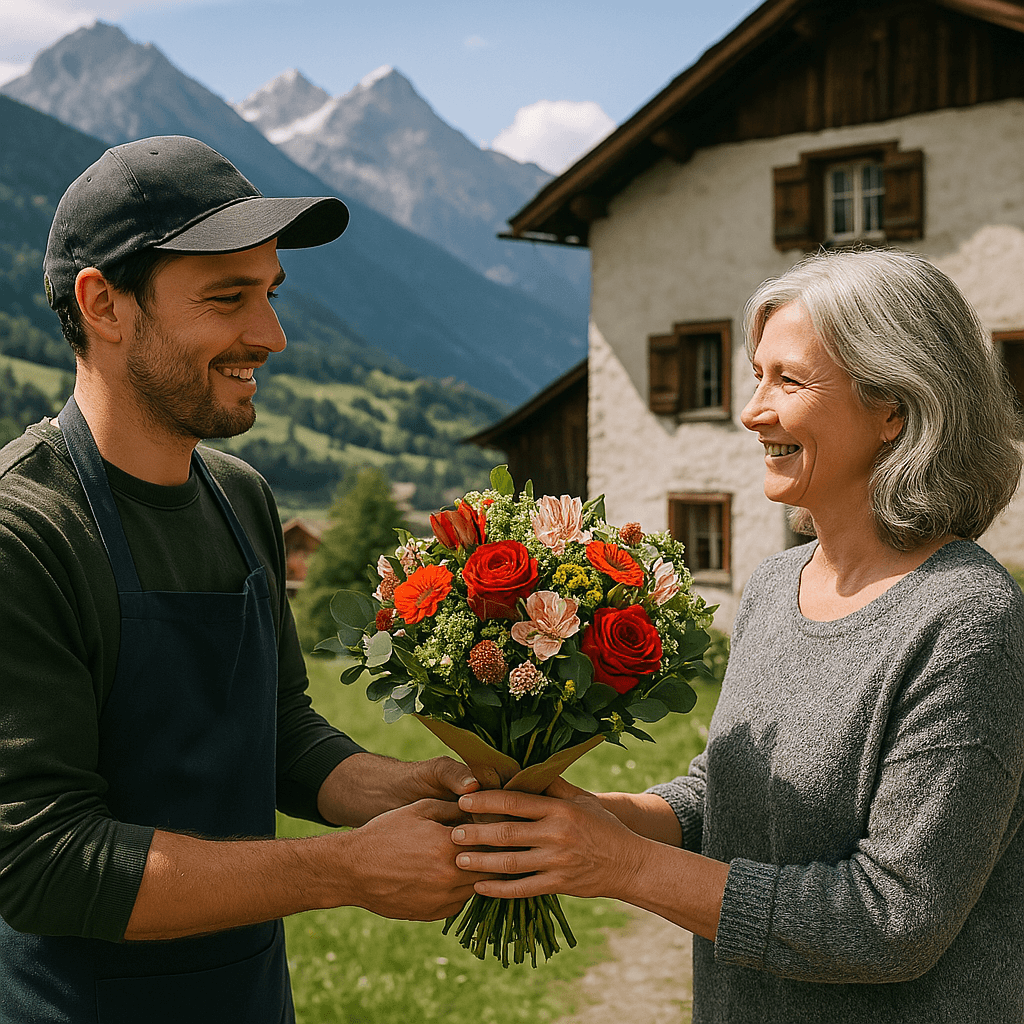Blumenlieferung in Disentis/Mustér – Florist übergibt frische Blumen vor Bündner Haus mit Blick auf die Alpen.