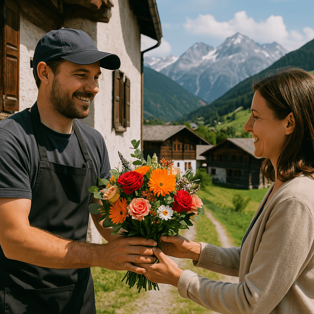 Blumenlieferung in Cavardiras – Florist übergibt frische Blumen vor traditionellem Bündner Haus mit Blick auf die Alpen.