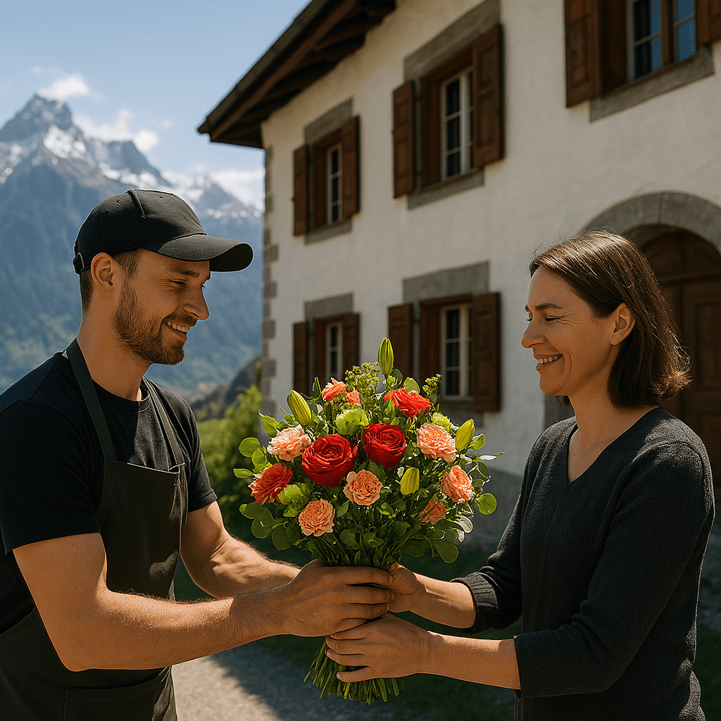 Blumenlieferung in Seewis-Schmitten – Florist übergibt frische Blumen vor traditionellem Bündner Haus mit Blick auf die Alpen.