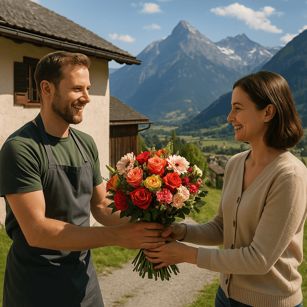 Blumenlieferung in Grüsch – Florist übergibt frische Blumen vor traditionellem Bündner Haus mit Blick auf die Alpen.