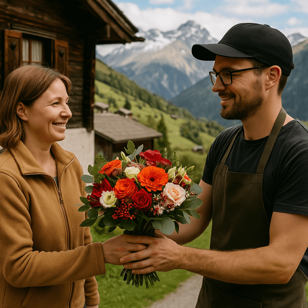 Blumenlieferung in Fanas – Florist übergibt frische Blumen vor traditionellem Bündner Haus mit Blick auf die Alpen.