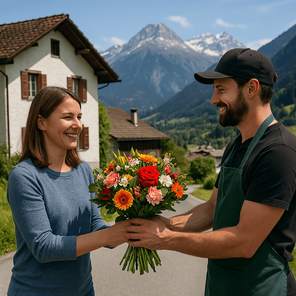 Blumenlieferung in Schiers – Florist übergibt frische Blumen vor traditionellem Bündner Haus mit Blick auf die Alpen.