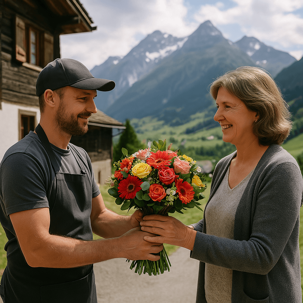 Blumenlieferung in Mittellunden – Florist übergibt frische Blumen vor traditionellem Bündner Haus mit Blick auf die Alpen.