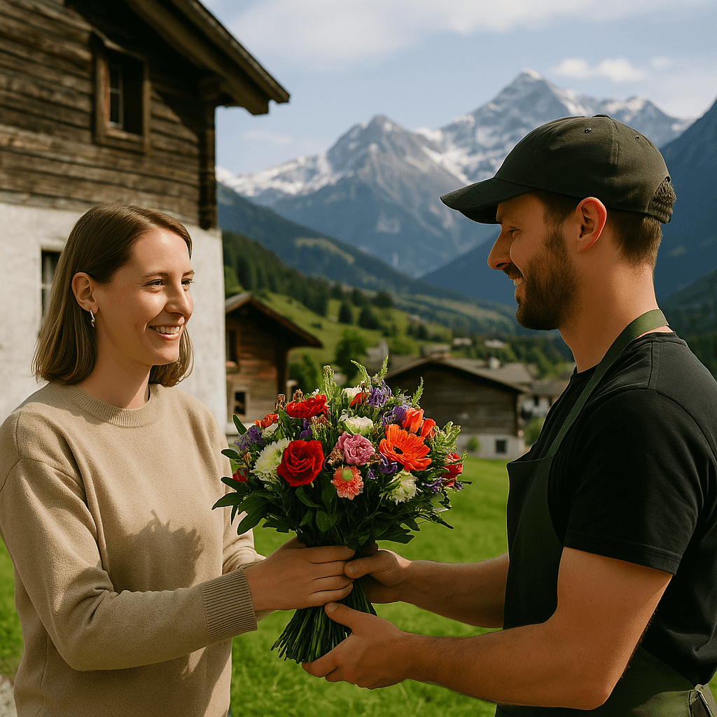 Blumenlieferung in Buchen im Prättigau – Florist übergibt frische Blumen vor traditionellem Bündner Haus mit Blick auf die Alpen.