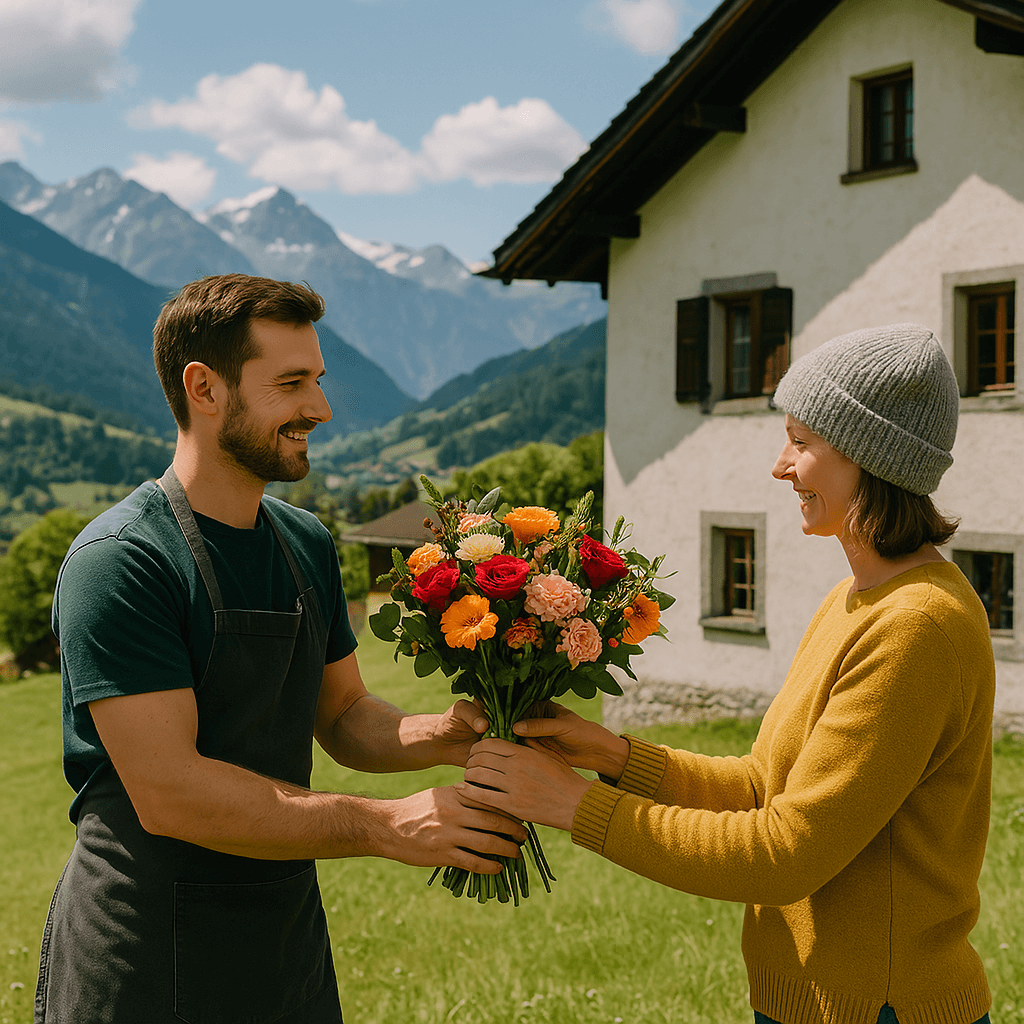 Blumenlieferung in Putz – Florist übergibt frische Blumen vor traditionellem Bündner Haus mit Blick auf die Alpen.