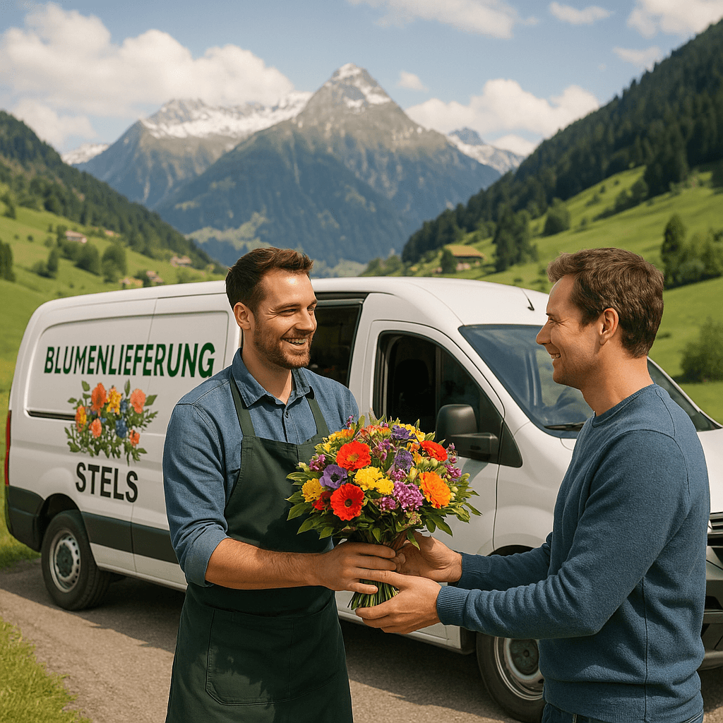 Blumenlieferung in Stels, ein Blumenlieferwagen übergibt einen Blumenstrauß an einen Kunden.
make the image square
