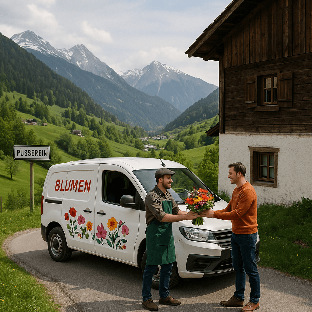 Blumenlieferung in Pragg-Jenaz – Florist überreicht Blumenstrauss vor traditionellem Haus in den Bündner Alpen.