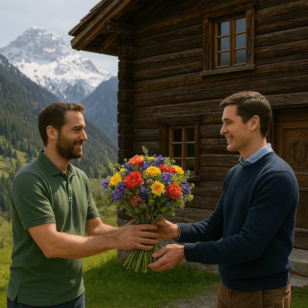 Blumenlieferung in Furna – Übergabe eines Blumenstrausses vor einem Walserhaus in alpiner Landschaft.