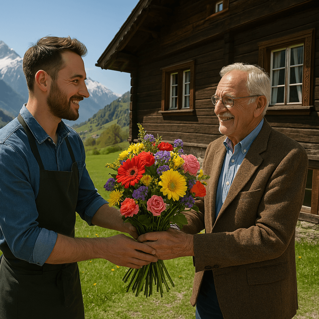 Blumenlieferung in Fideris – Übergabe eines Straußes vor traditionellem Haus mit Blick auf die Bündner Berge.